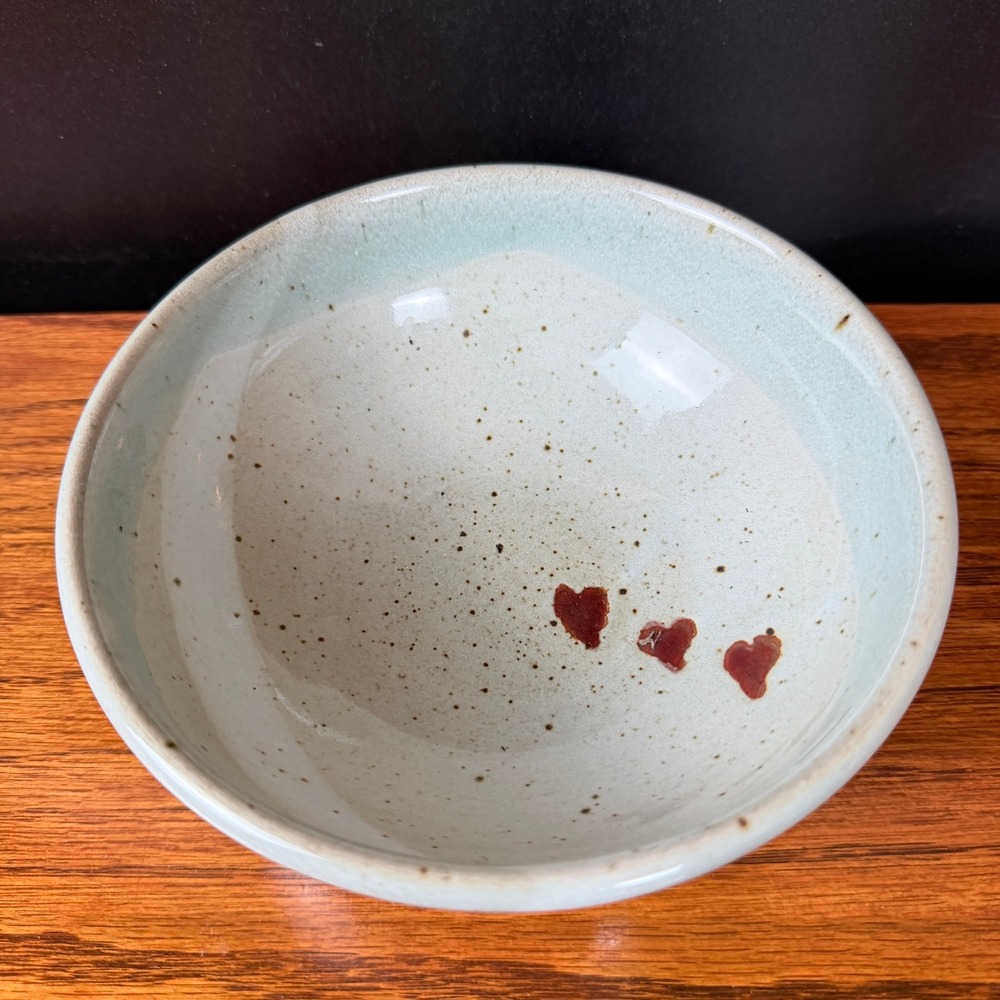 Handmade Bowl Celadon Maine Pottery Heart Speckled Stoneware Bowl MO/iB Signed